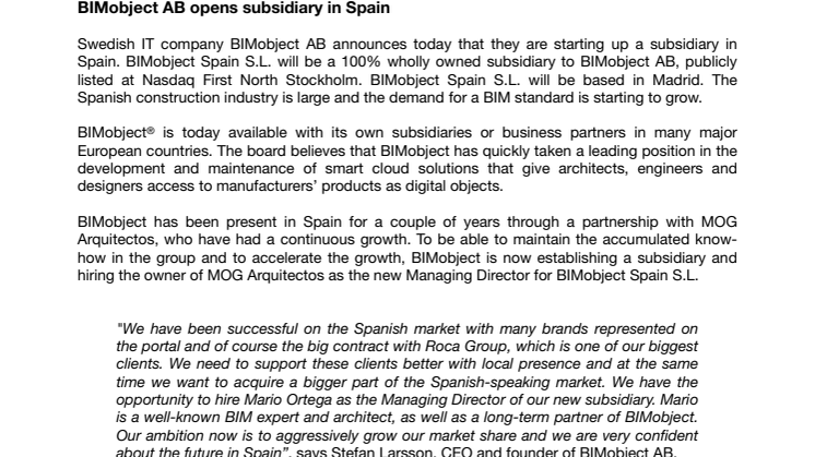 BIMobject AB opens subsidiary in Spain