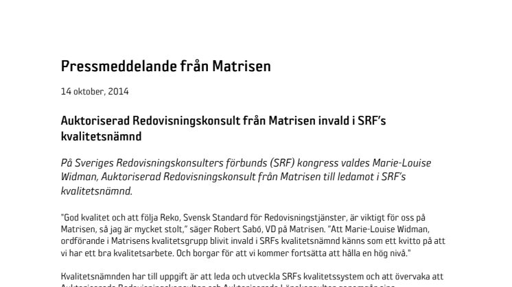 Auktoriserad Redovisningskonsult från Matrisen invald i SRF’s kvalitetsnämnd