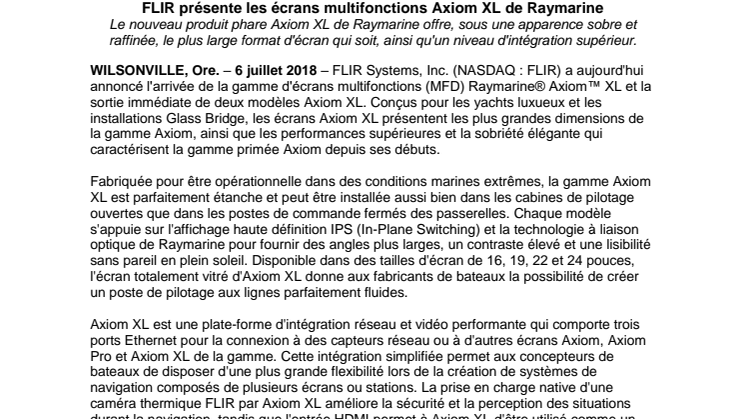 Raymarine: FLIR présente les écrans multifonctions Axiom XL de Raymarine