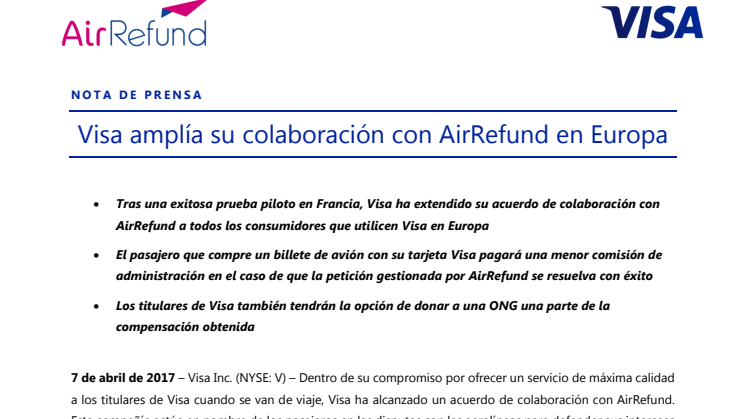 Visa amplía su colaboración con AirRefund en Europa