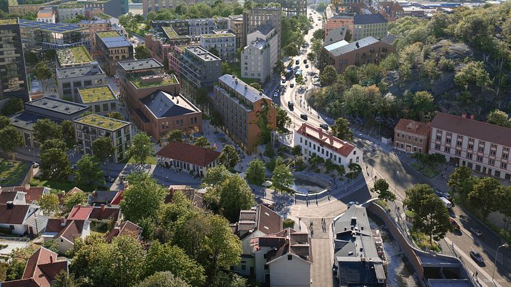Visionsbild över Forsåkers norra del med de historiska byggnaderna, forsen och den ombyggda Kvarnbygatan.