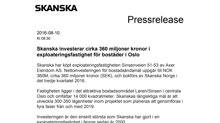Skanska investerar cirka 360 miljoner kronor i exploateringsfastighet för bostäder i Oslo