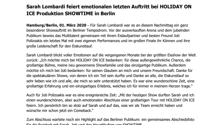 Sarah Lombardi feiert emotionalen letzten Auftritt bei HOLIDAY ON ICE Produktion SHOWTIME in Berlin