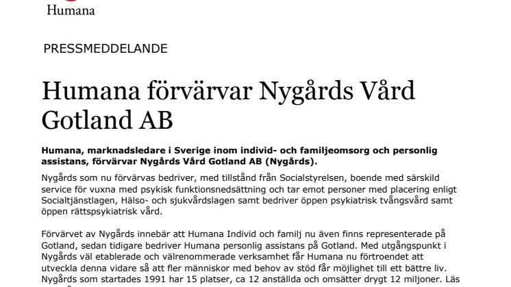 Humana förvärvar Nygårds Vård Gotland AB