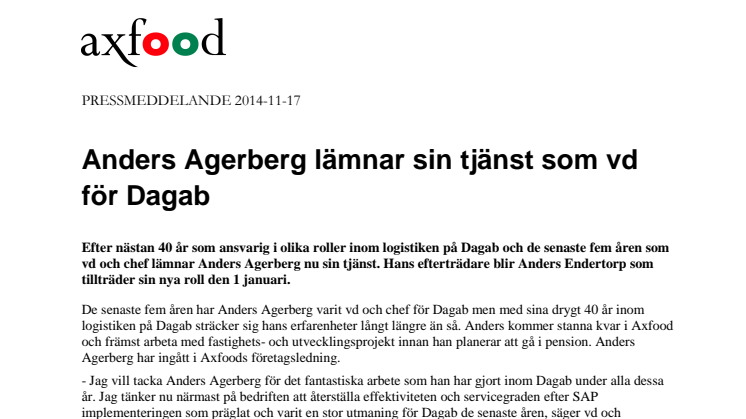 Anders Agerberg lämnar sin tjänst som vd för Dagab