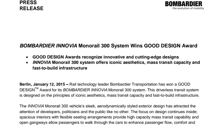 Bombardiers monorailtåg vinner prestigefyllt designpris