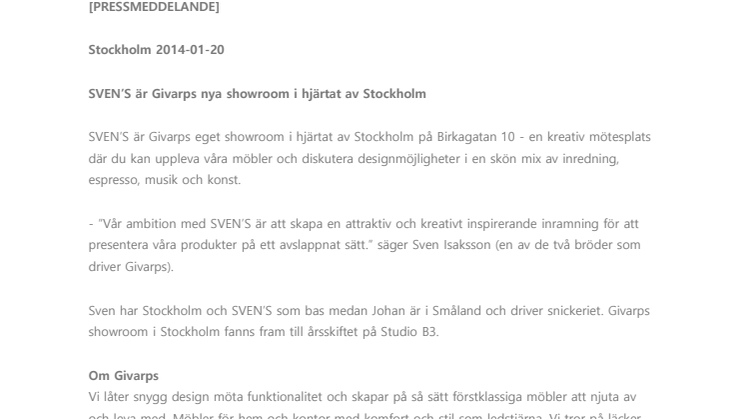 SVEN’S är Givarps nya showroom i hjärtat av Stockholm
