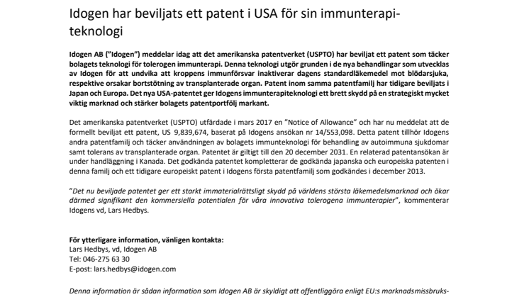 Idogen har beviljats ett patent i USA för sin immunterapiteknologi 