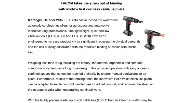 FACOM takes the strain out of binding with world’s first cordless cable tie pliers 