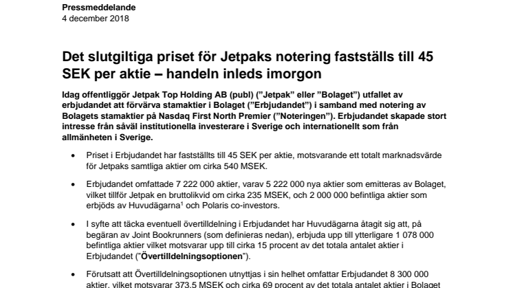 Det slutgiltiga priset för Jetpaks notering fastställs till 45 SEK per aktie – handeln inleds idag