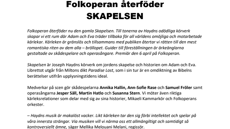 ​Folkoperan återföder SKAPELSEN