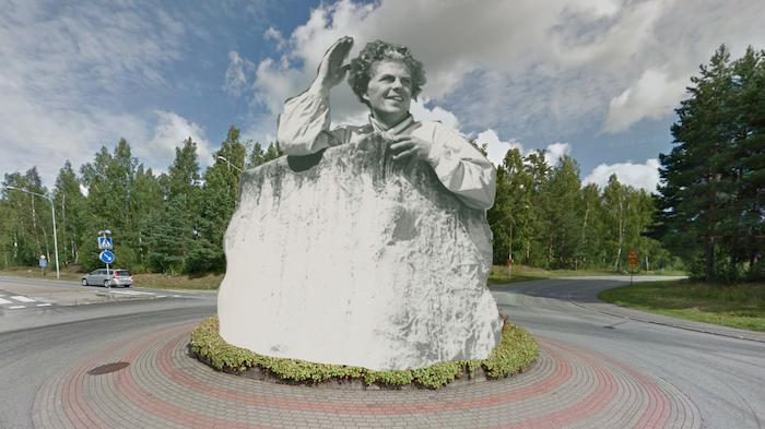 Så här är det tänkt att Lasse Maja-skulpturen ska se ut i norra rondellen i Lindesberg (korsningen Bergslagsvägen och Molinders väg).