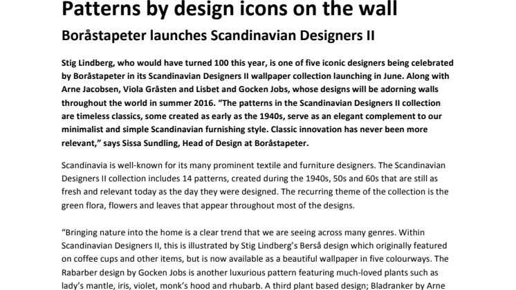 Patterns by design icons on the wall - Boråstapeter launches Scandinavian Designers II