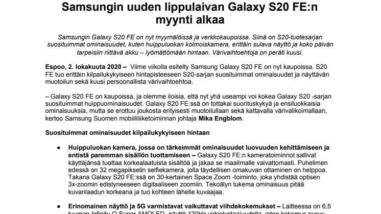 Samsungin uuden lippulaivan Galaxy S20 FE:n  myynti alkaa