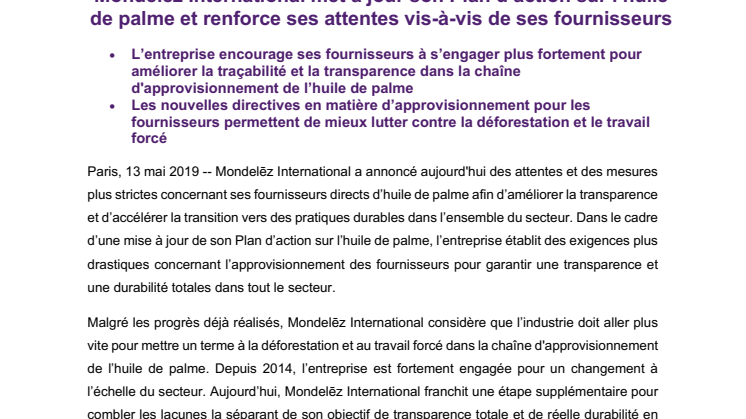 Mondelēz International met à jour son Plan d’action sur l’huile  de palme et renforce ses attentes vis-à-vis de ses fournisseurs