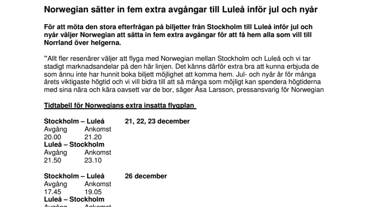 Norwegian sätter in fem extra avgångar till Luleå inför jul och nyår