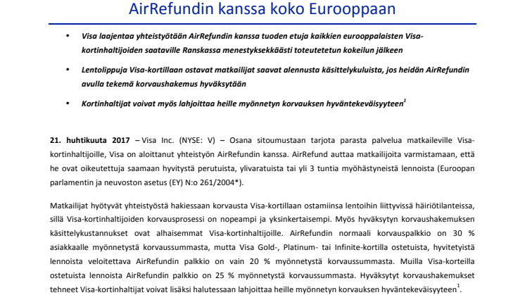 Visa laajentaa yhteistyönsä  AirRefundin kanssa koko Eurooppaan