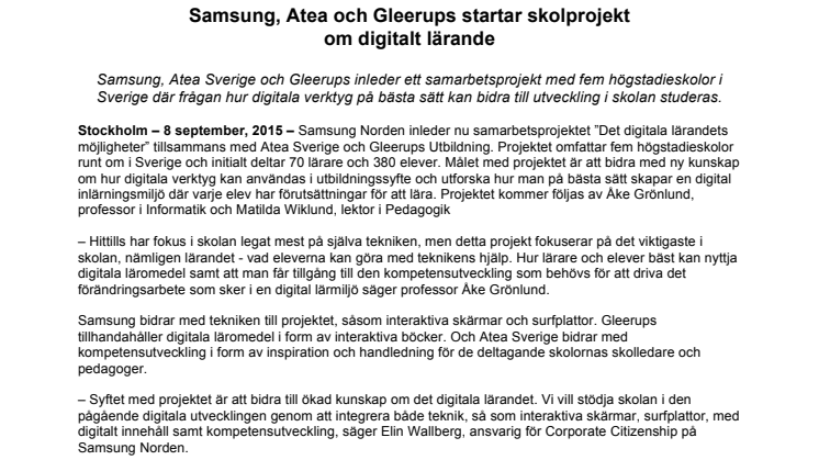 Samsung, Atea och Gleerups startar skolprojekt  om digitalt lärande