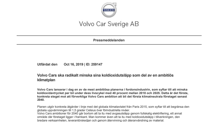 Volvo Cars ska radikalt minska sina koldioxidutsläpp som del av en ambitiös klimatplan