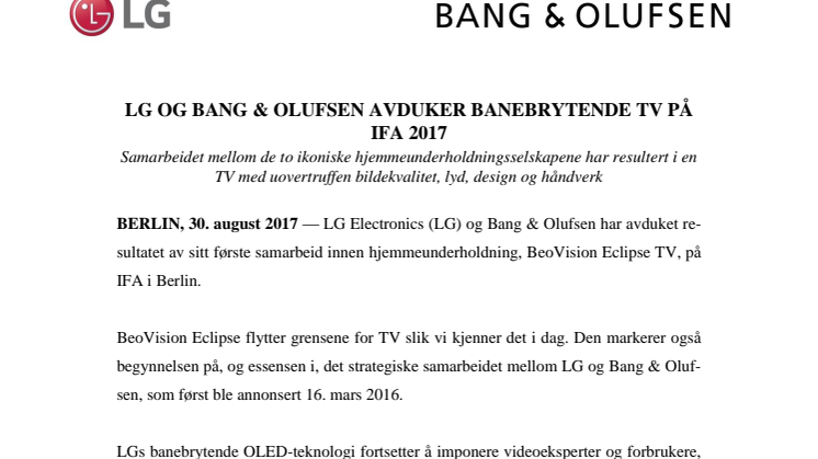 LG OG BANG & OLUFSEN AVDUKER BANEBRYTENDE TV PÅ IFA 2017