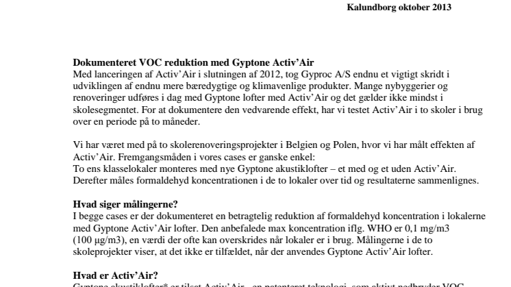 Dokumenteret VOC reduktion med Gyptone Activ’Air