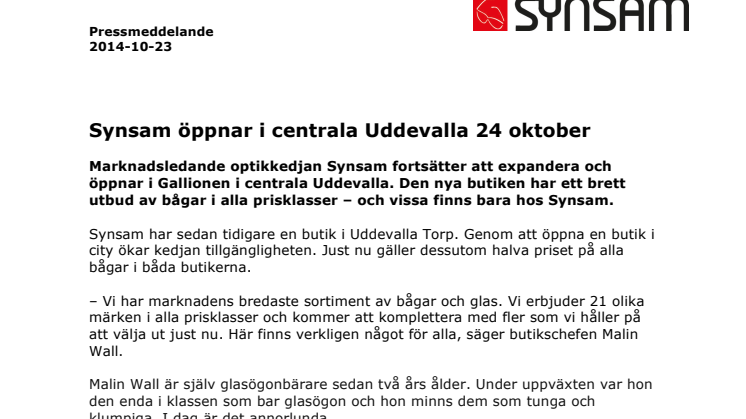 Synsam öppnar i centrala Uddevalla 24 oktober