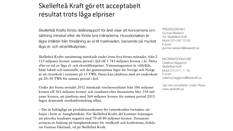 Skellefteå Kraft gör ett acceptabelt resultat trots låga  elpriser  