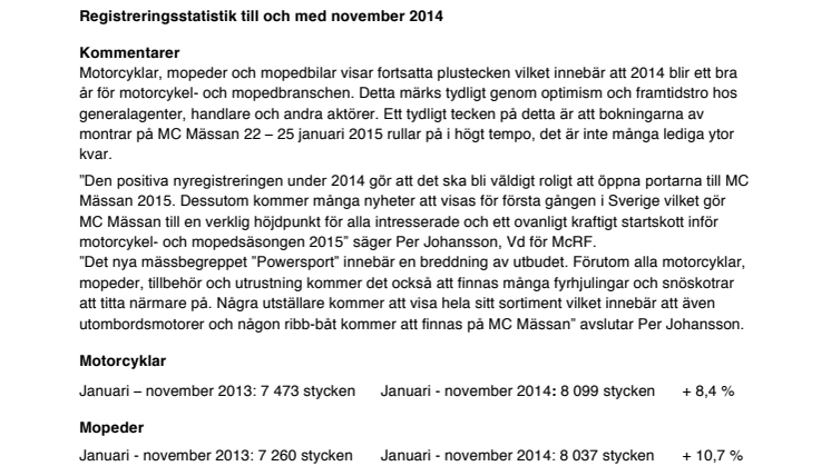 Nyregistreringsstatistik till och med november 2014