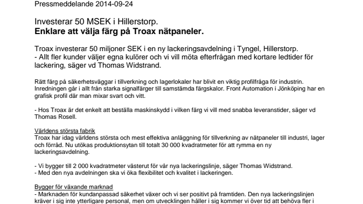 Troax investerar 50 MSEK i Hillerstorp. 