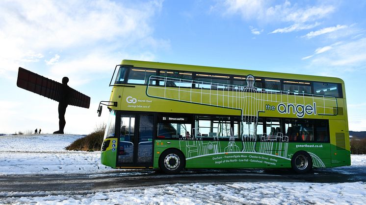 The new Angel 21 bus next to the iconic Angel of the North - which is 20 this year.