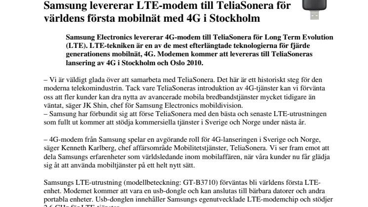 Samsung levererar LTE-modem till TeliaSonera för världens första mobilnät med 4G i Stockholm