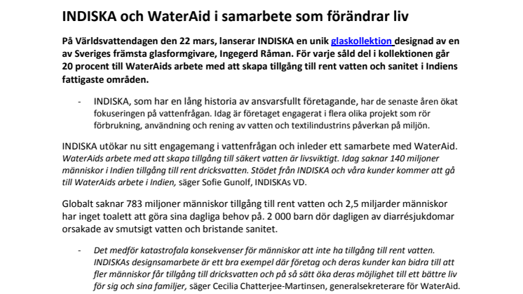 INDISKA och WaterAid i samarbete som förändrar liv