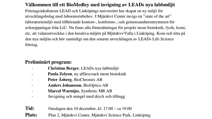 Välkommen till ett BioMedley med invigning av LEADs nya labbmiljö