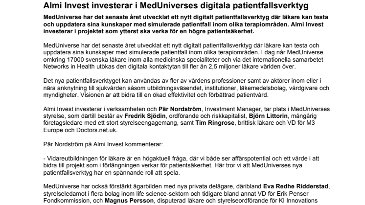 Almi Invest investerar i MedUniverses digitala patientfallsverktyg 