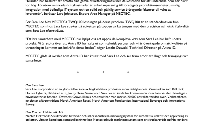 Sara Lee väljer lösning från Mectec Elektronik AB