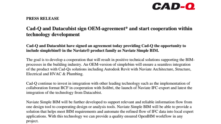 Cad-Q and Datacubist sign OEM-agreement* and start cooperation within technology development