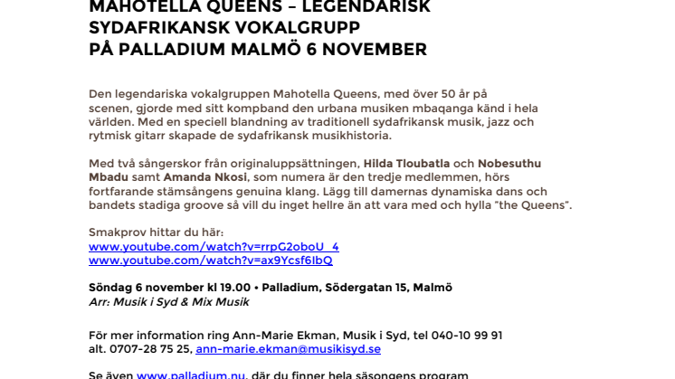 Mahotella Queens – legendarisk sydafrikansk vokalgrupp - på Palladium Malmö 6 november