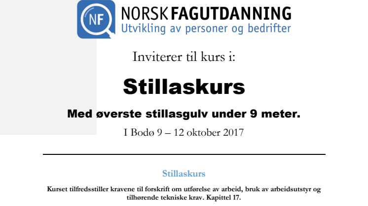 Invitasjon til stillaskurs i Bodø. Oppstart den 9 oktober 2017