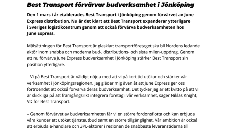 Best Transport förvärvar budverksamhet i Jönköping
