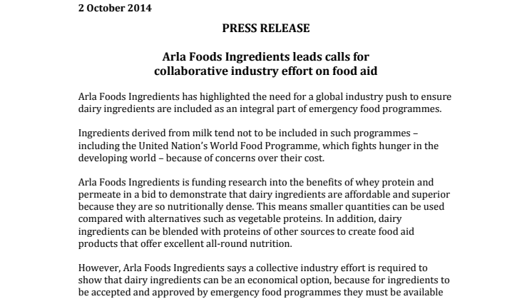 Arla Foods Ingredients leads calls for collaborative industry effort on food aid