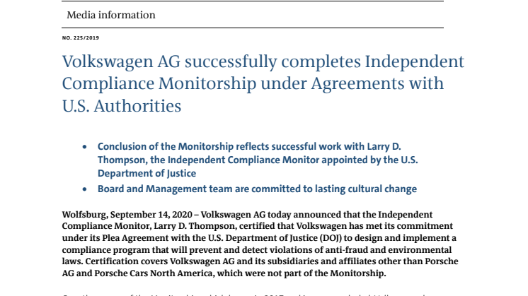 Volkswagen AG successfully completes Independent Compliance Monitorship under Agreements with U.S. Authorities