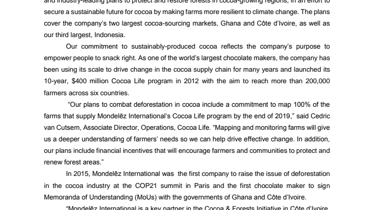 Mondelēz International expanderar sitt hållbarhetsprogam ’Cocoa Life’ för att stoppa skogsskövling 
