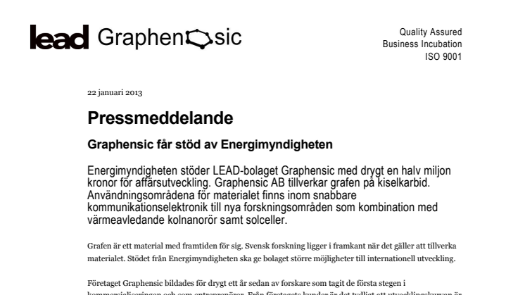 Graphensic får stöd av Energimyndigheten