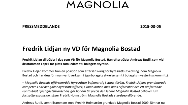 Fredrik Lidjan ny VD för Magnolia Bostad