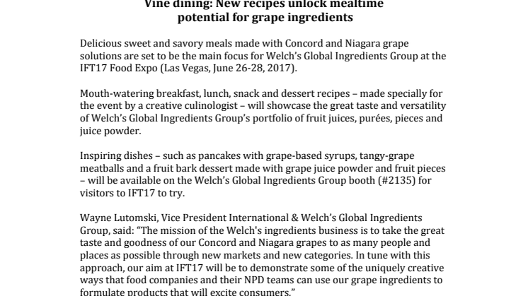Press release – Vine dining: New recipes unlock mealtime  potential for grape ingredients
