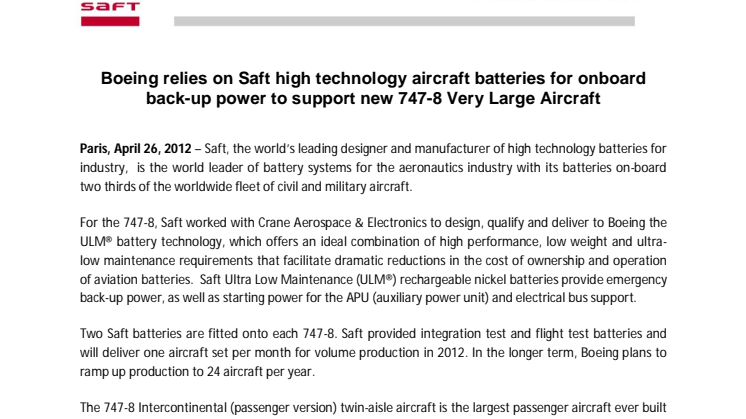 Boeing relies on Saft high technology aircraft batteries for onboard  back-up power to support new 747-8 Very Large Aircraft