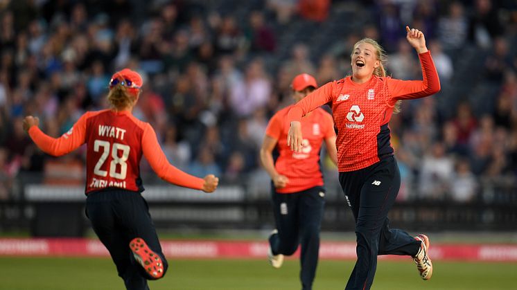 Danni Wyatt and Sophie Ecclestone celebrate a wicket last summer. Photo: Getty Images