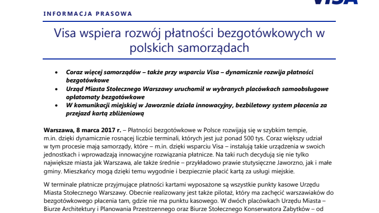 Visa wspiera rozwój płatności bezgotówkowych w polskich samorządach