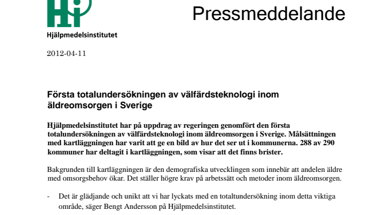 Första totalundersökningen av välfärdsteknologi inom äldreomsorgen i Sverige