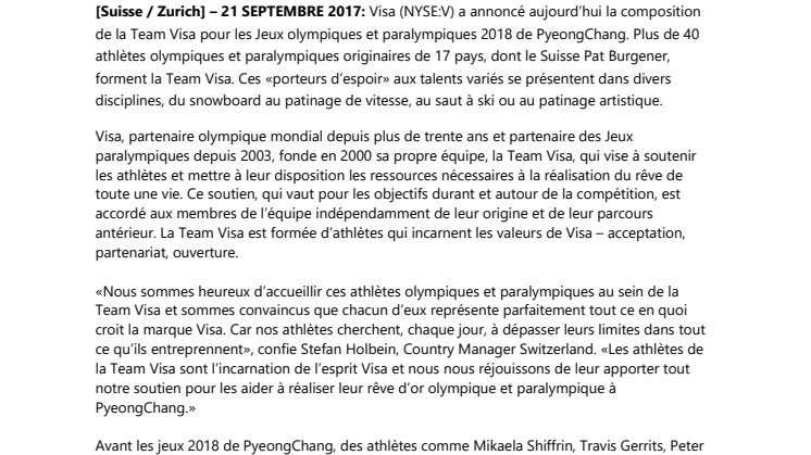 Pat Burgener portera les couleurs de la Team Visa  aux prochains Jeux olympiques d’hiver 